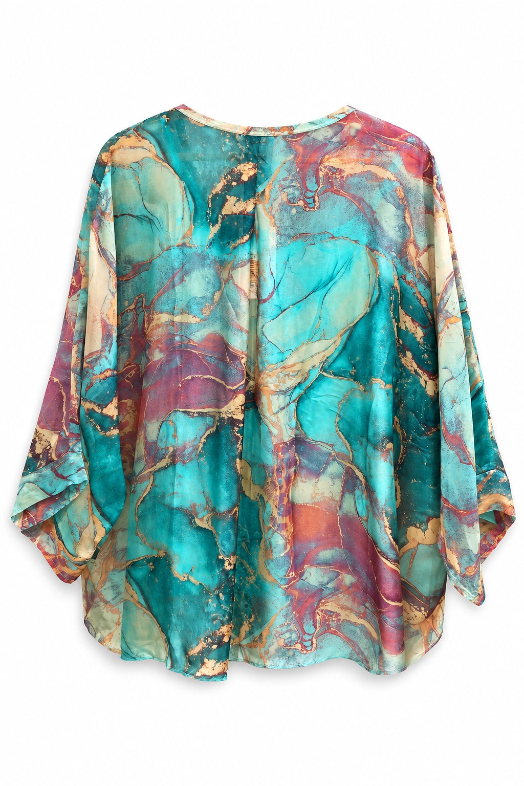 A loose, flowy kaftan-style top with a vibrant teal, turquoise, and magenta marble print accented by metallic gold veins, shown against a plain white background.
