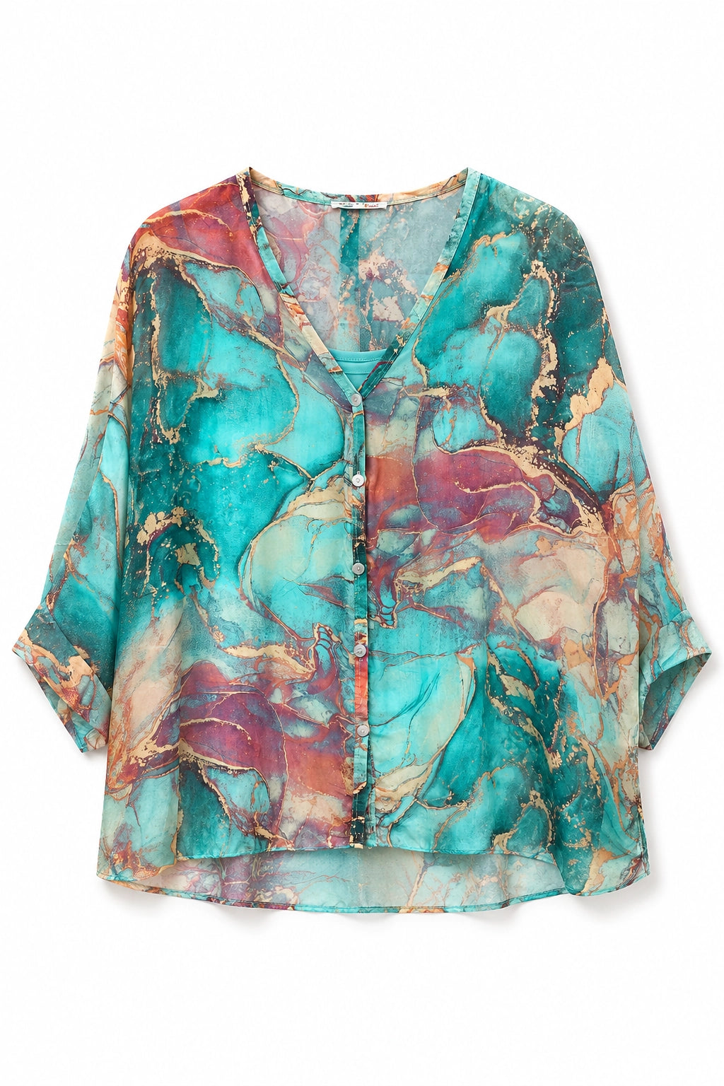 A lightweight, semi-sheer button-up blouse with a vibrant teal, turquoise, and magenta abstract marble print accented by gold veins, displayed on a clean white background.