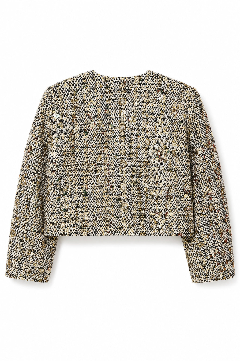 A cropped tweed jacket with long sleeves, featuring a textured black, beige, and brown woven pattern, shown against a plain white background.