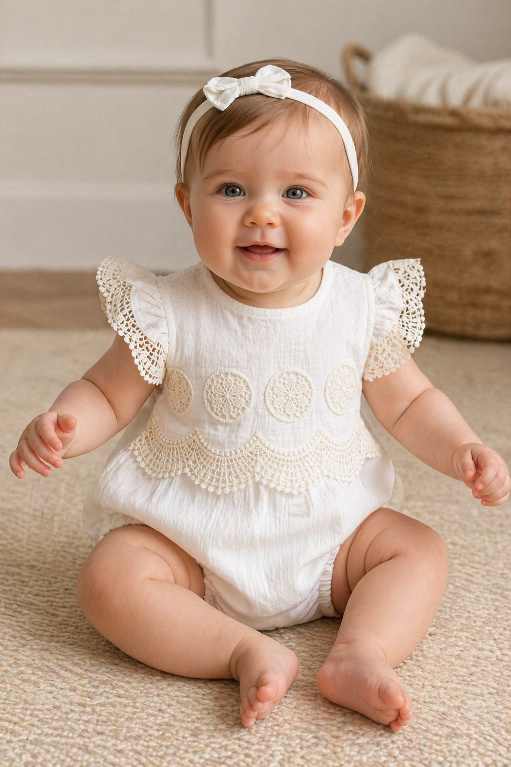 Baby wearing a white lace romper sitting on a beige carpet.