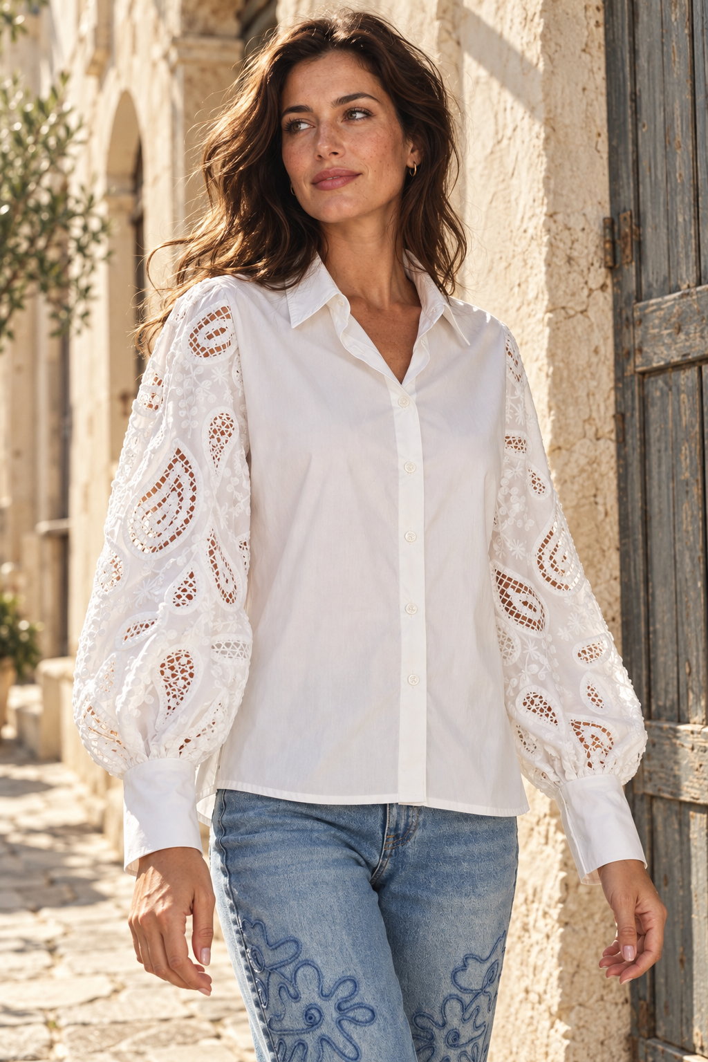 White Lace Sleeve Cotton Shirt