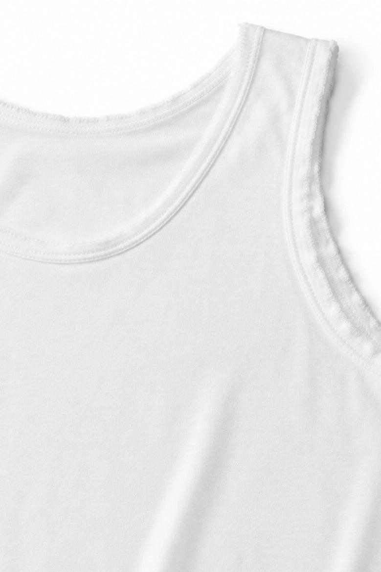 Close-up of a white sleeveless tank top showing the neckline and ribbed trim against a white background.
