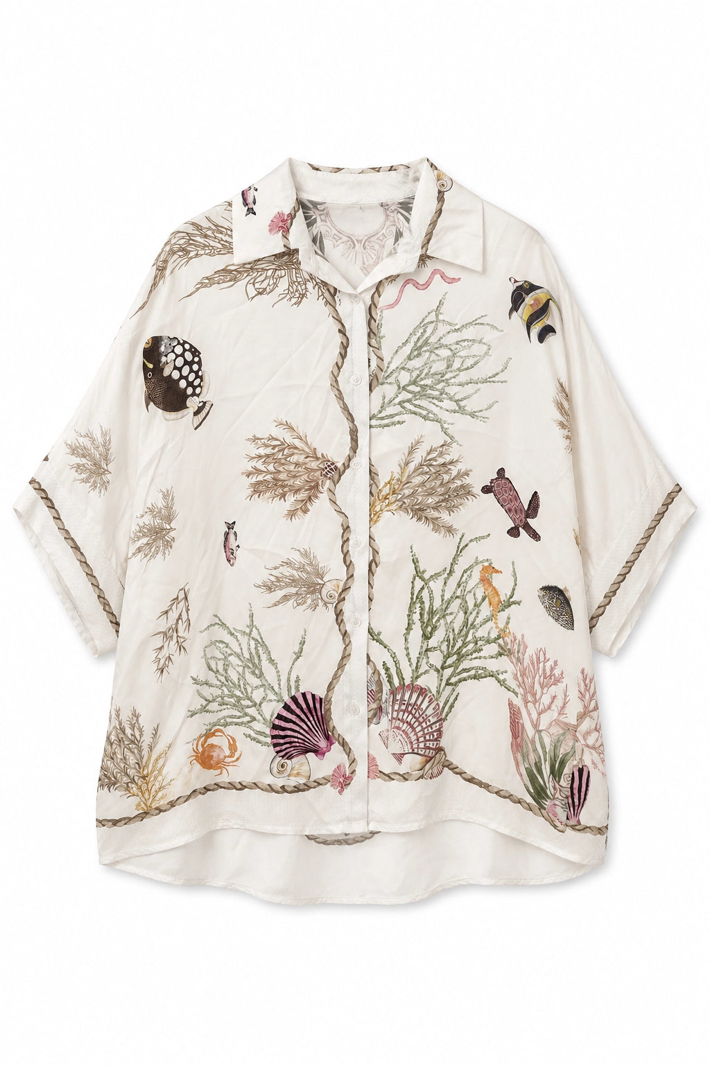 An off-white short-sleeve button-up shirt featuring a detailed underwater-themed print with seashells, coral, seaweed, and small fish, finished with gold-toned rope trim along the edges.