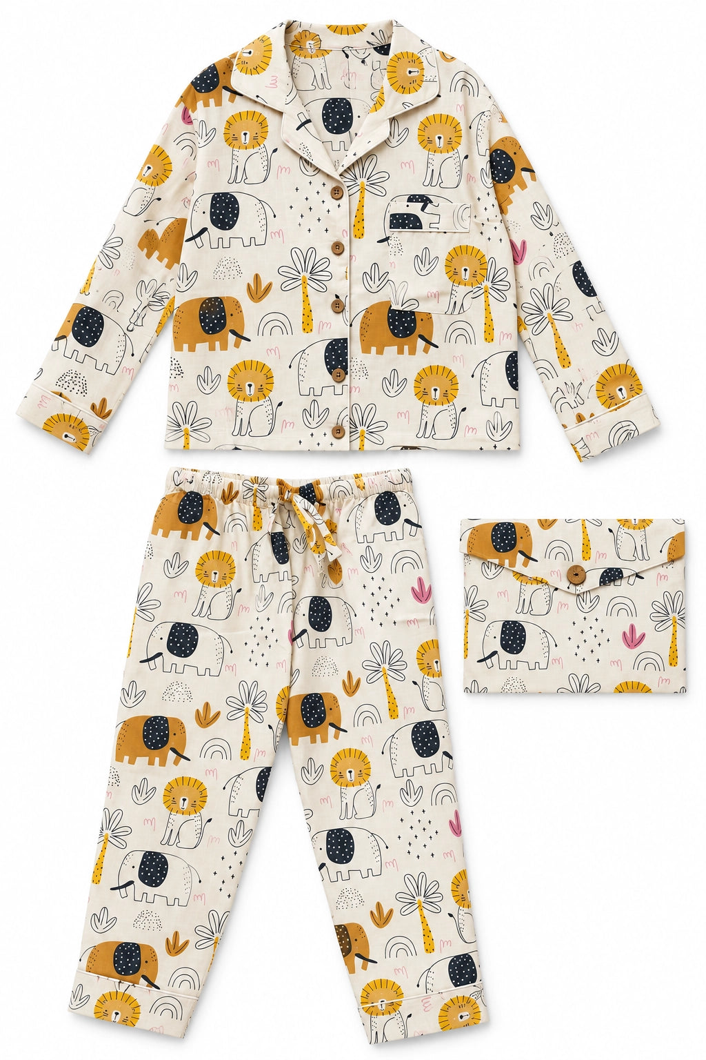 A children's pajama set laid out on a white background, including a long-sleeve button-front top with a collar, matching drawstring pants, and a small matching pouch. The fabric has an all-over safari animal print with lions, elephants, and trees in mustard yellow, dark navy, gray, and black on a warm off-white base.