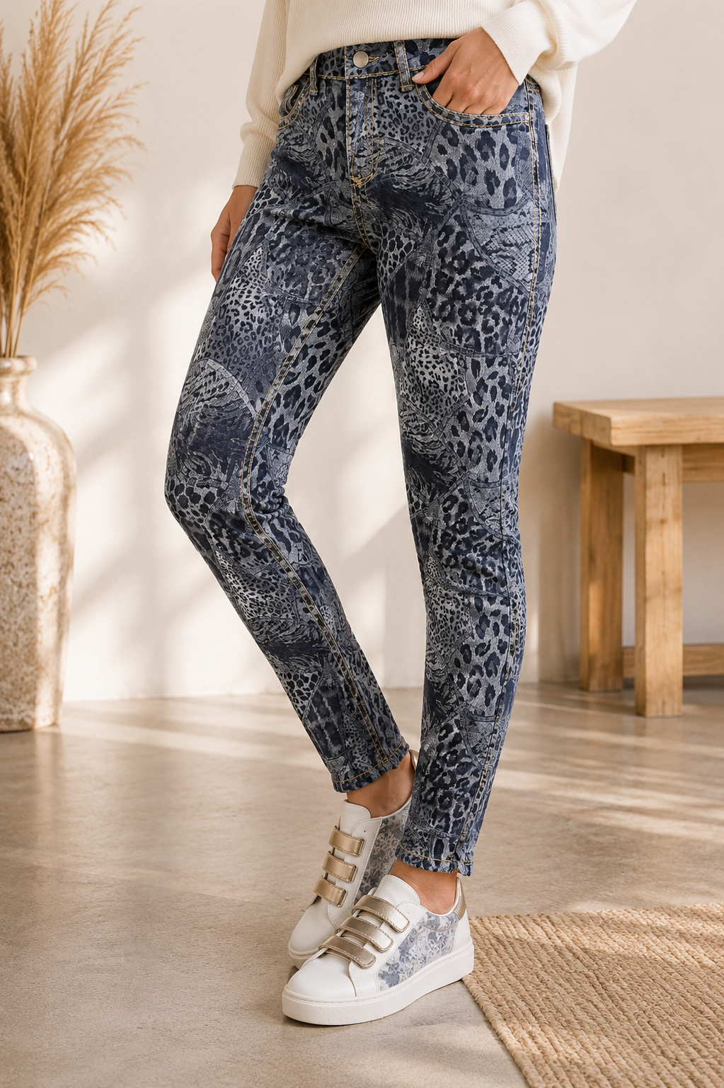 Person wearing blue leopard print jeans and white sneakers indoors.