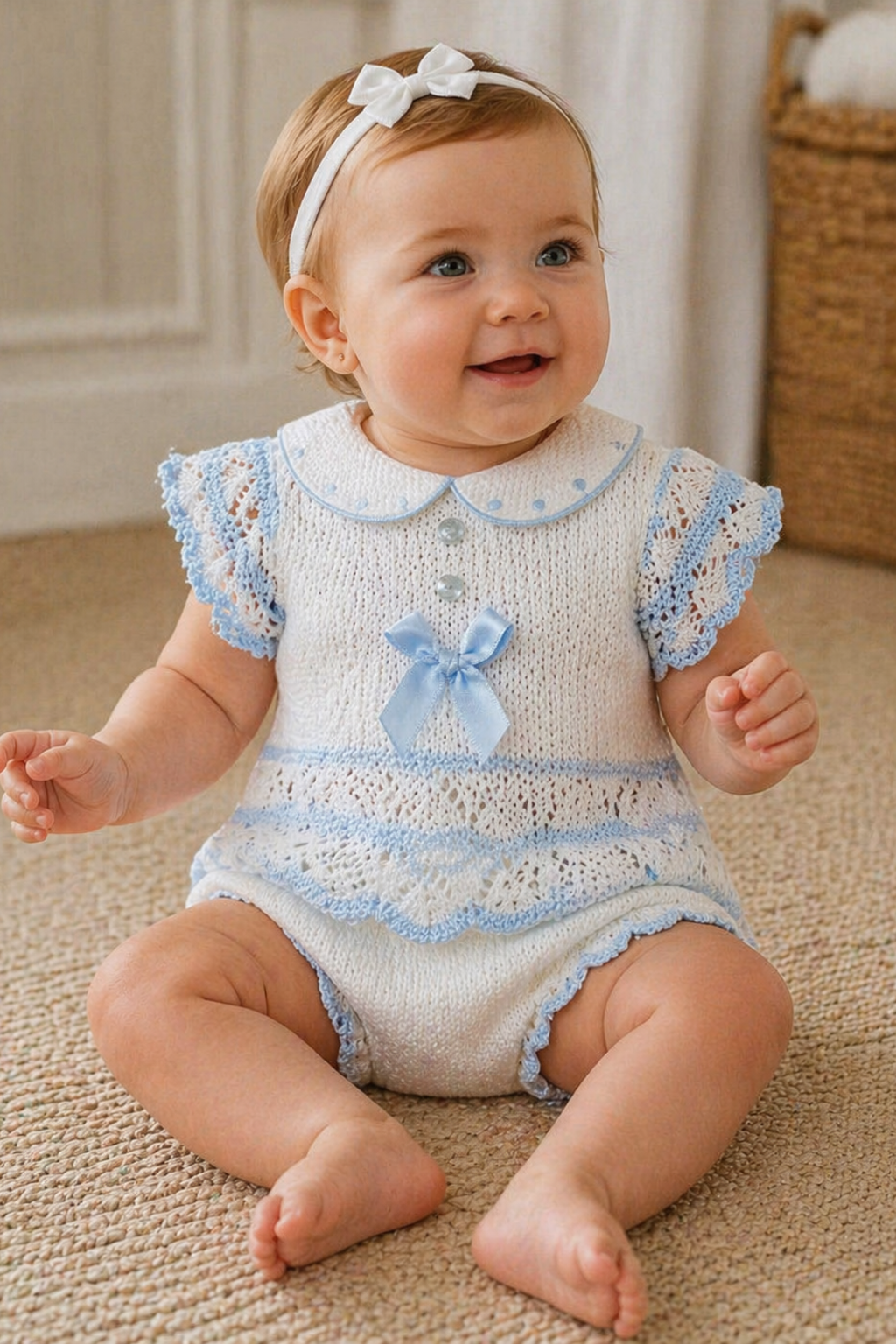 Baby wearing a white and blue knitted outfit with a bow, sitting on a beige carpet.