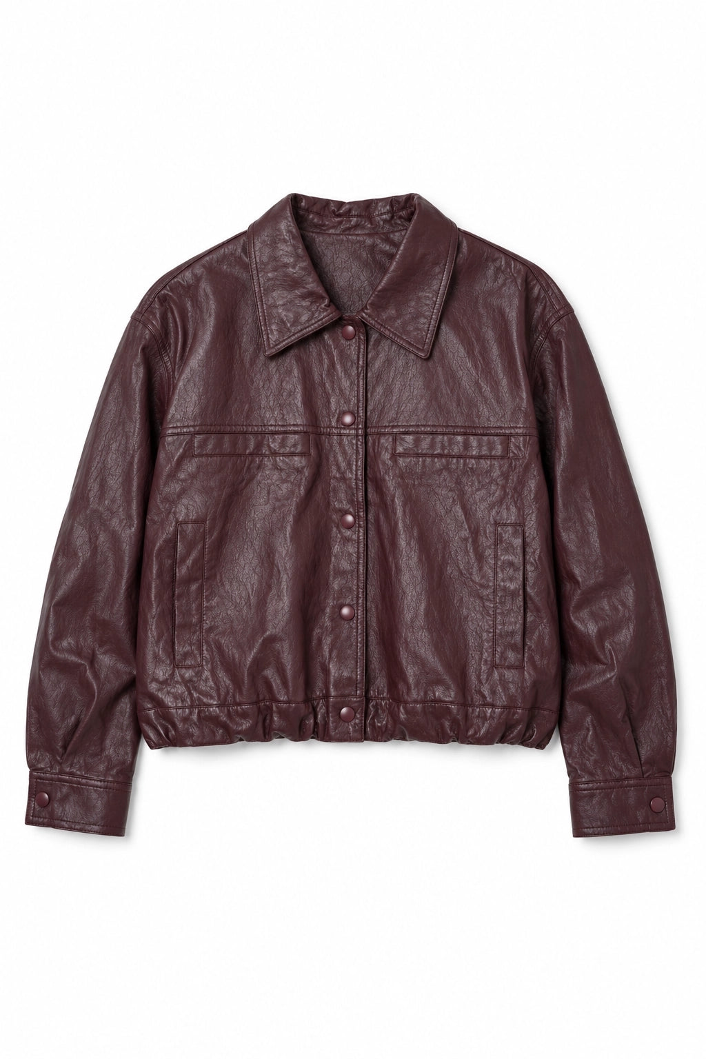 Burgundy pleather jacket on a white background