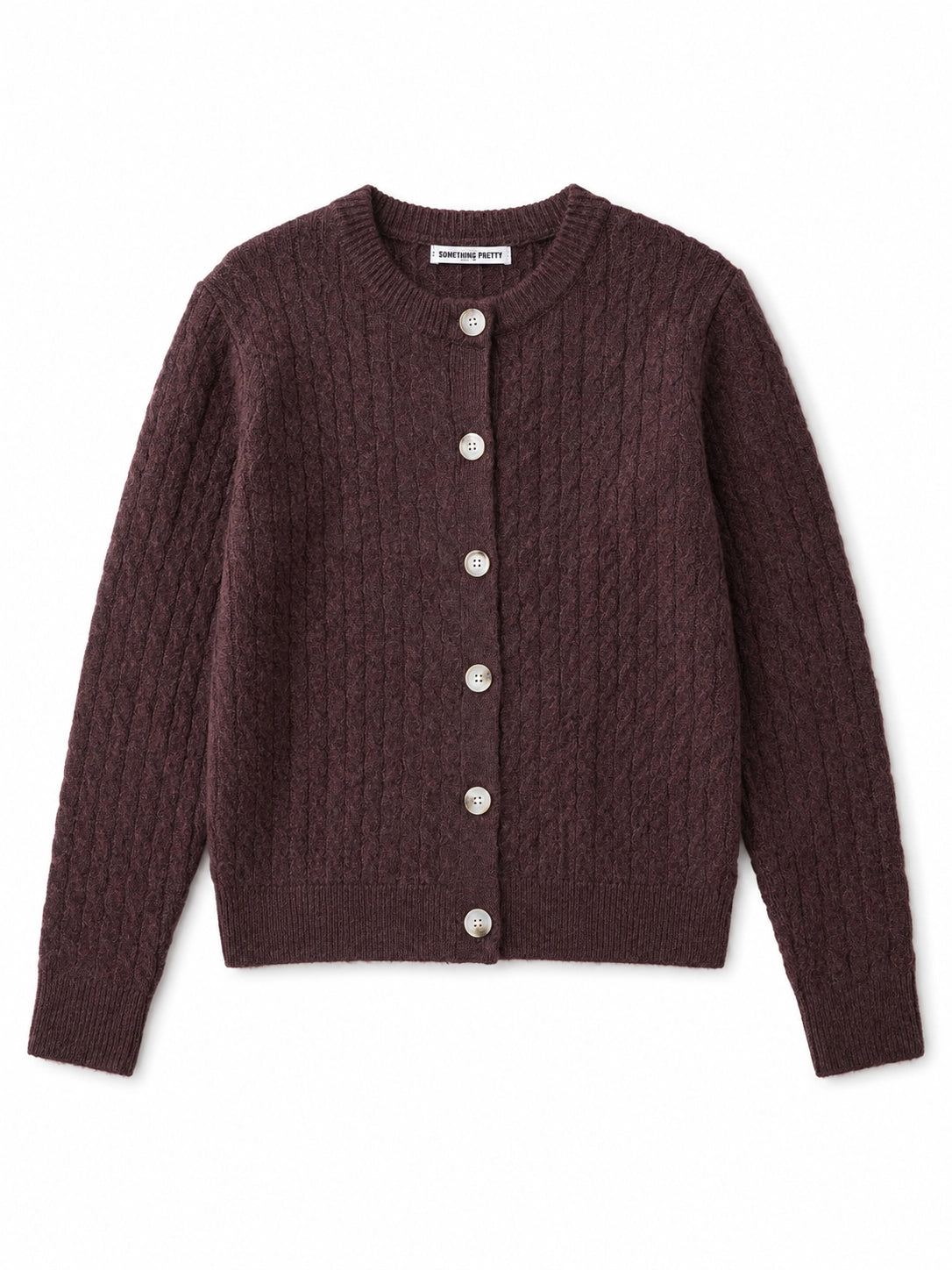 Brown cable knit cardigan with silver buttons on a white background