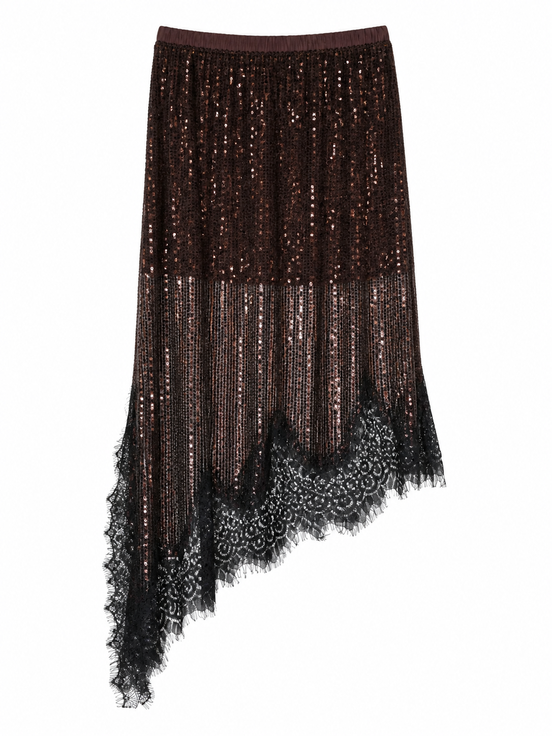 Brown sequin skirt with lace trim on a white background