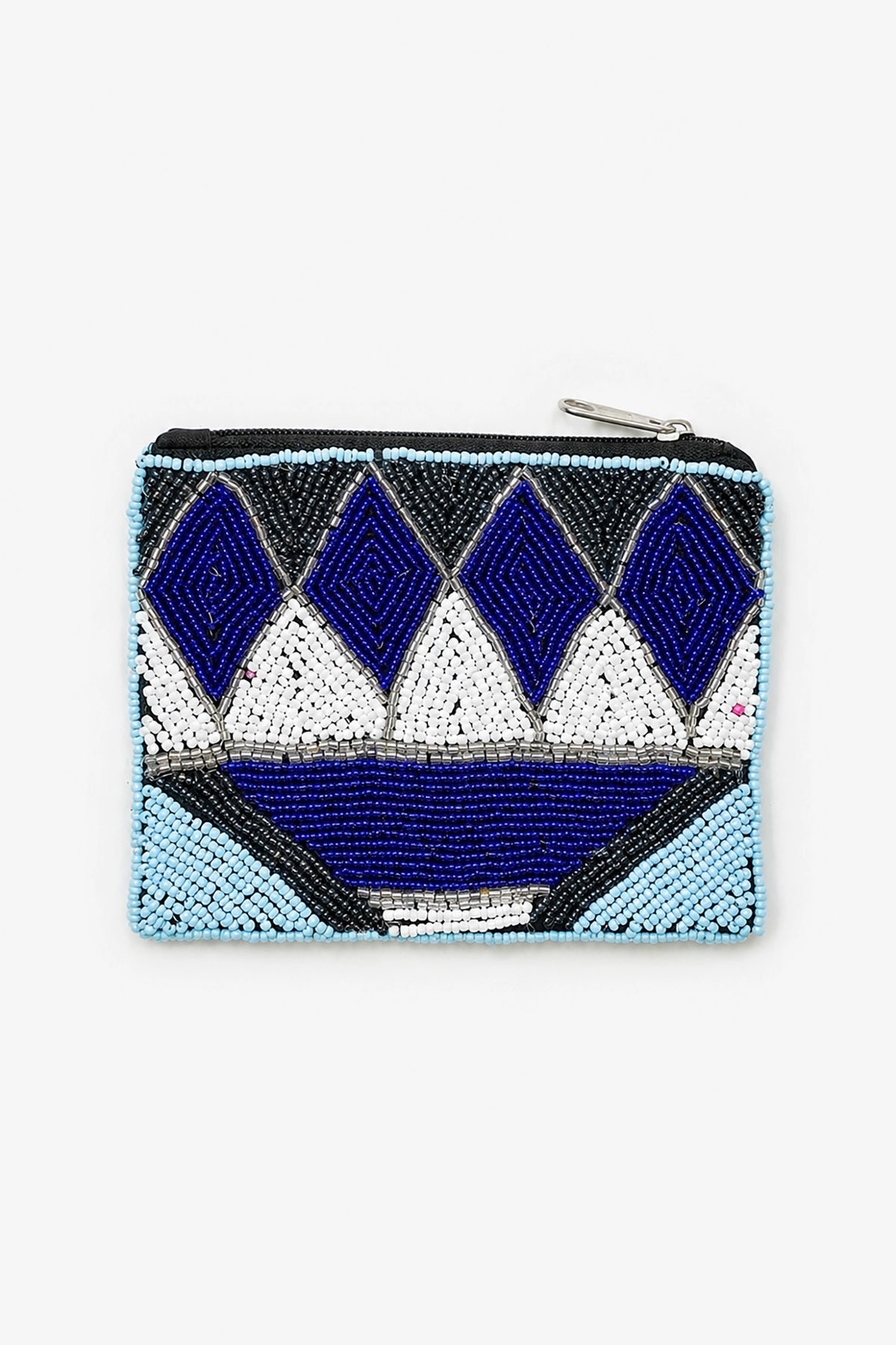 Beaded pouch with blue and white geometric pattern on a white background