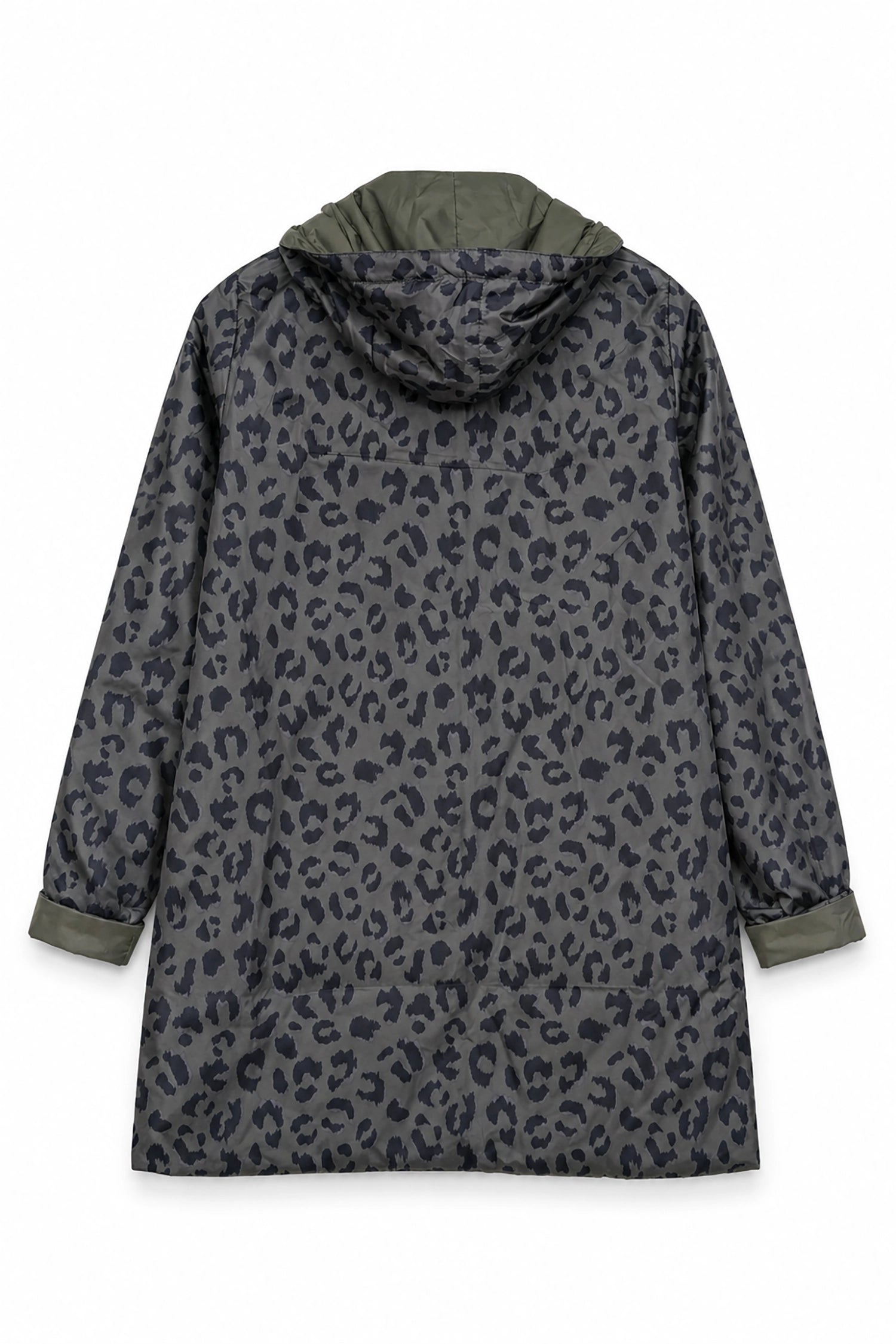 Gray raincoat with leopard print pattern on a white background