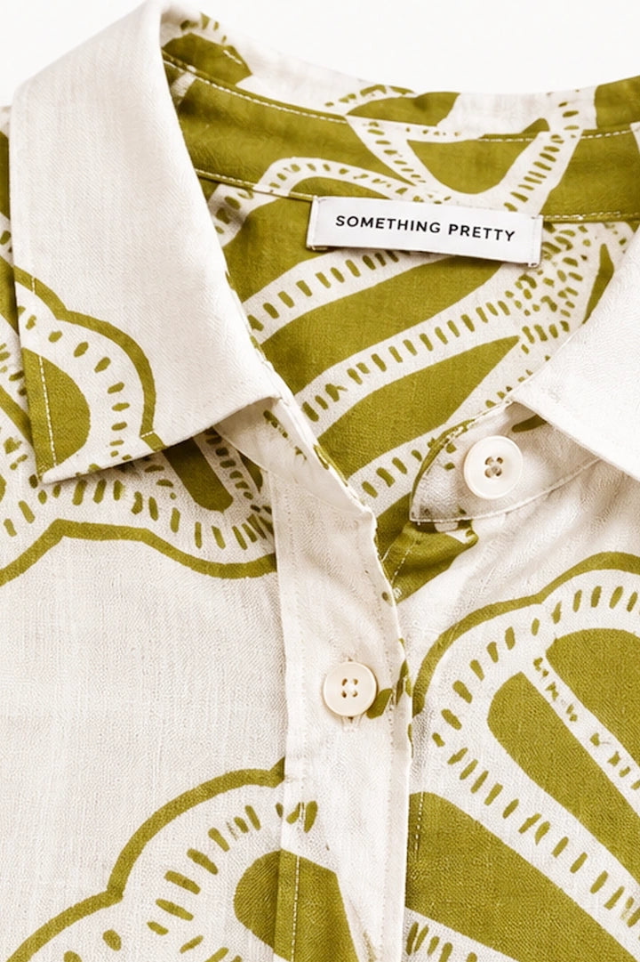 Chartreuse and White Print Cotton Button Kaftan