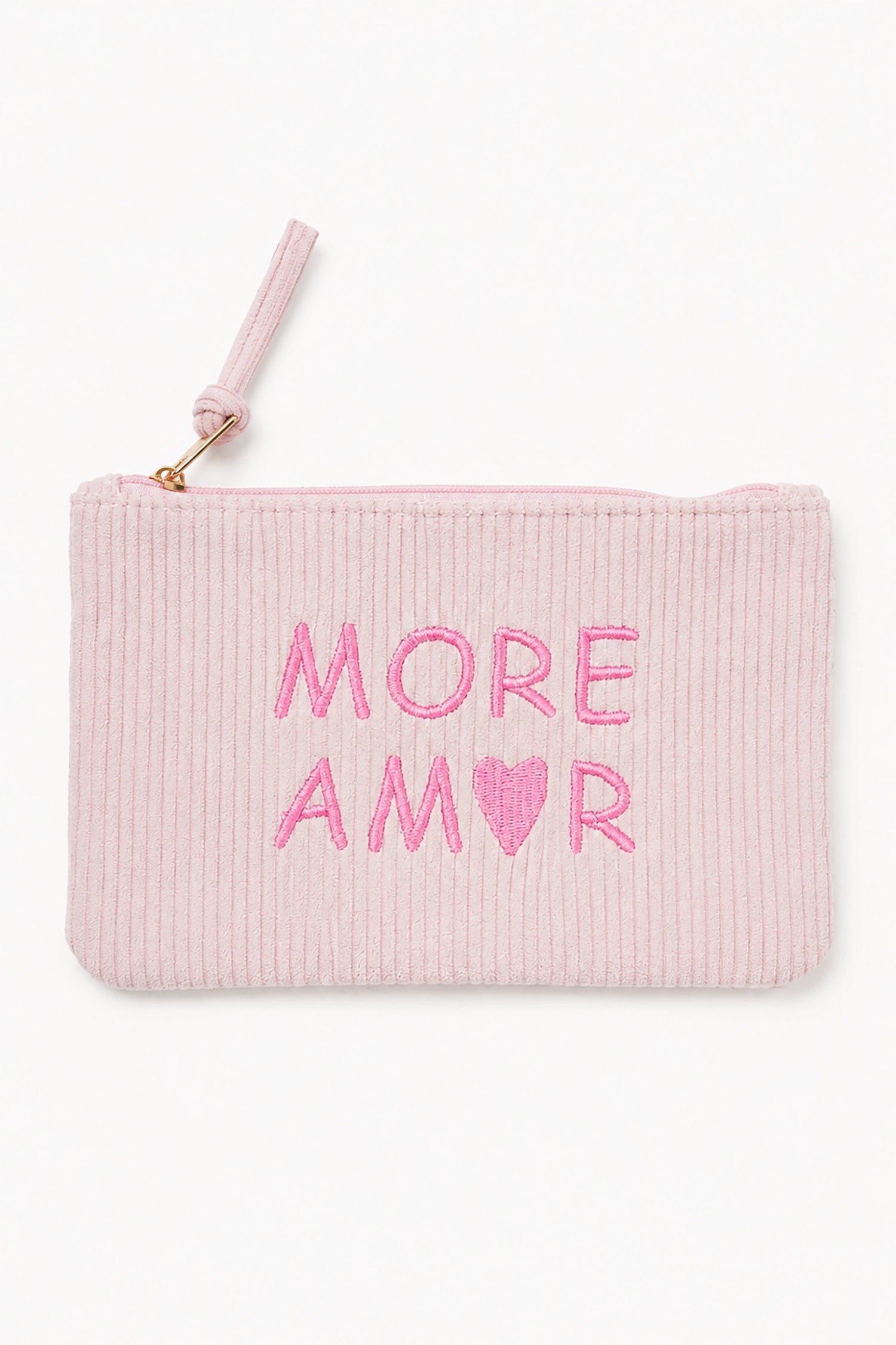 Pink pouch with 'MORE AMOR' text and heart symbol on a white background