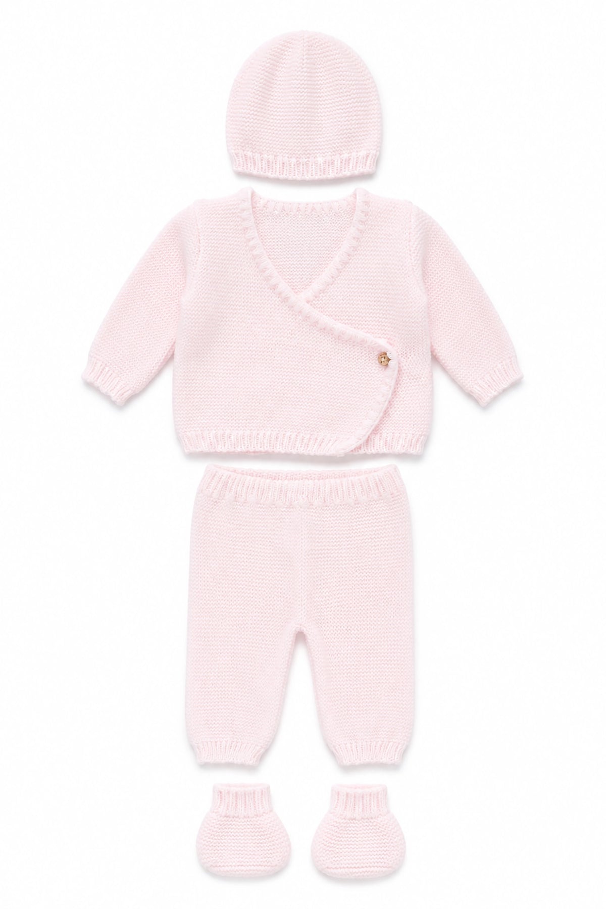 Pink baby outfit with hat, jacket, pants, and booties on a white background