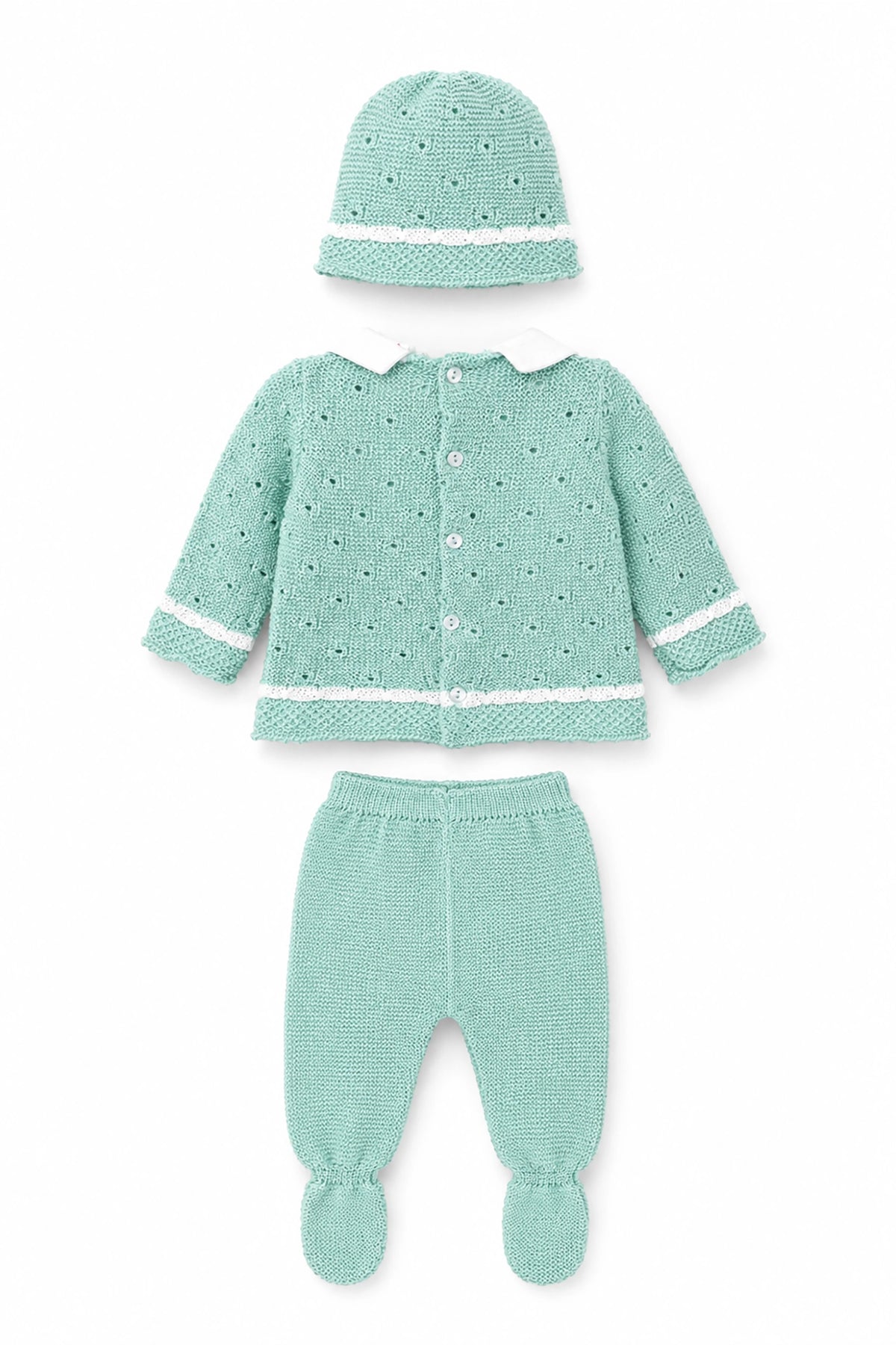 Green baby outfit with cardigan, pants, and hat on a white background