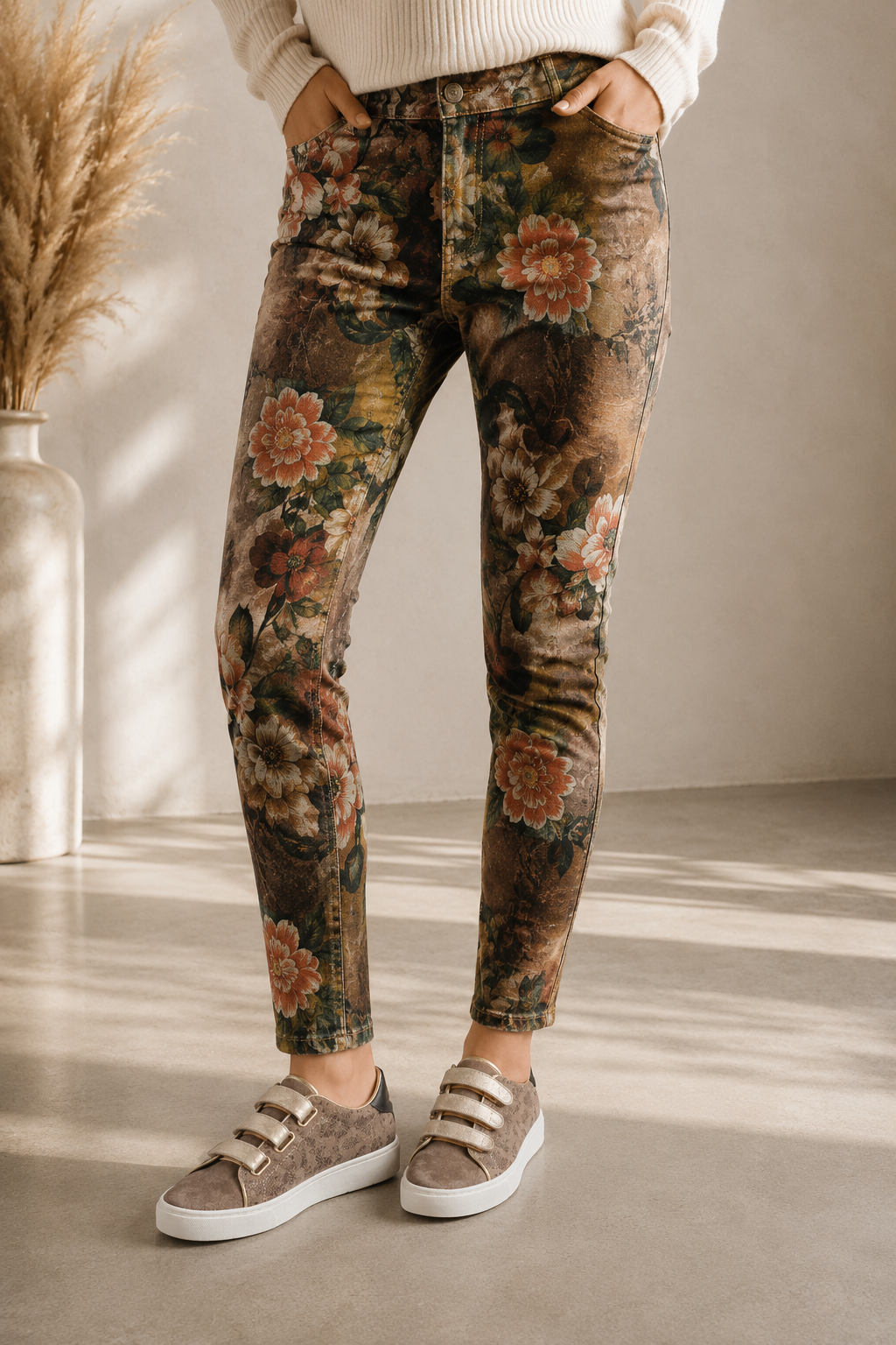 Person wearing floral-patterned pants with a neutral background