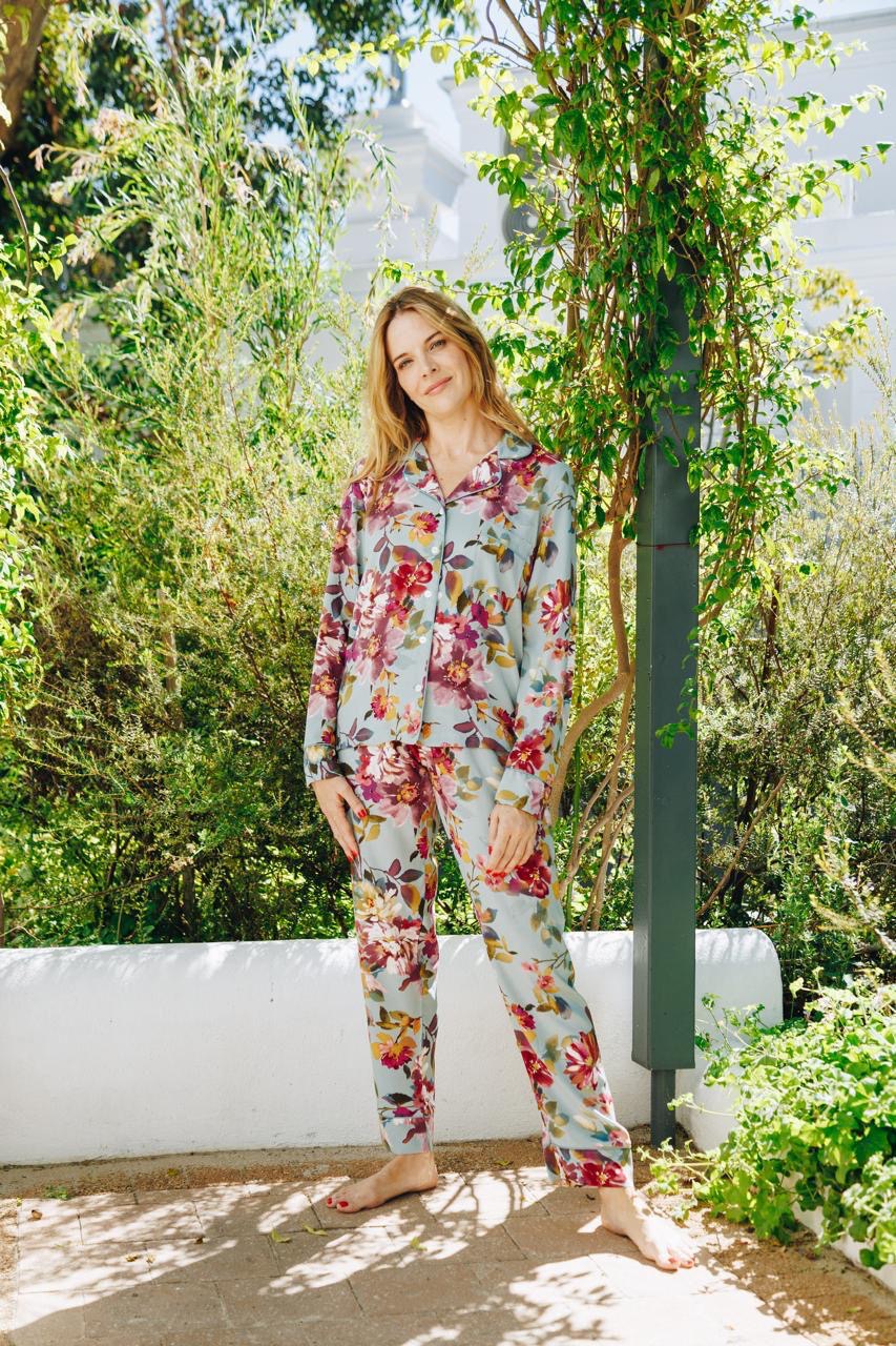 Poppy Divine Tranquil Floral Duck Egg With Plum Long PJ