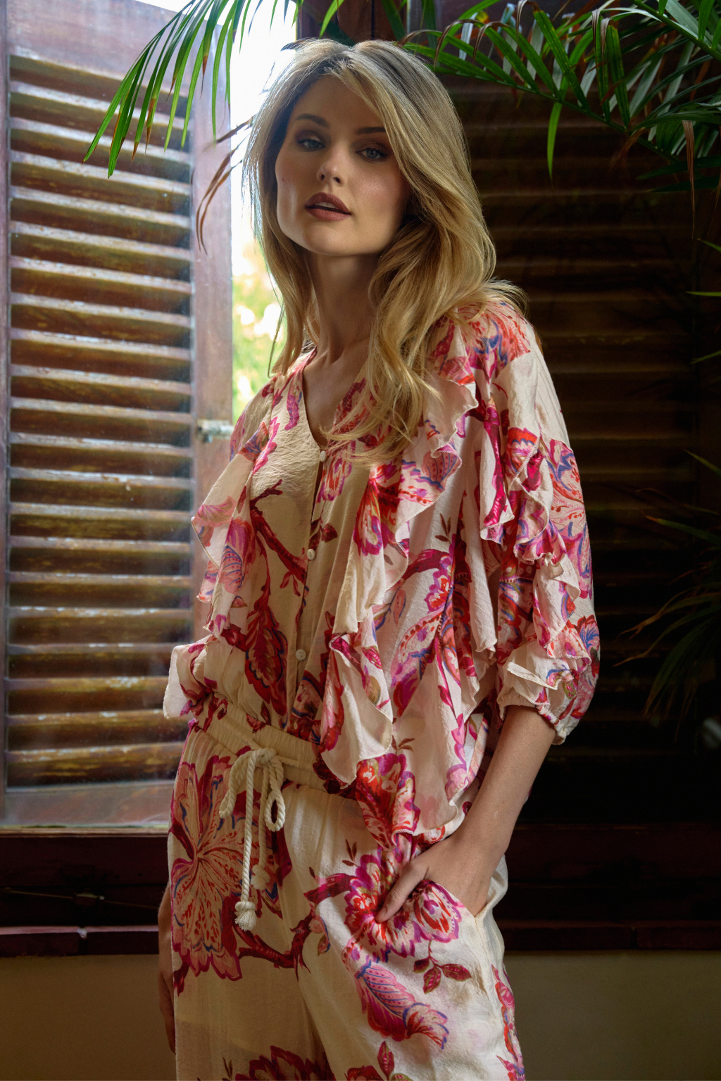 Cerise Print Ruffle Blouse