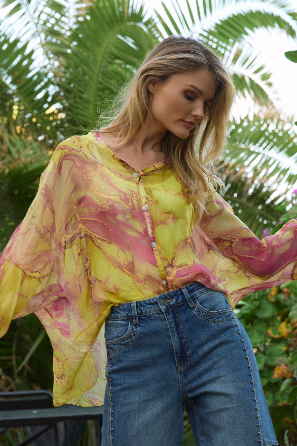 Yellow Marble Print Silk Blouse