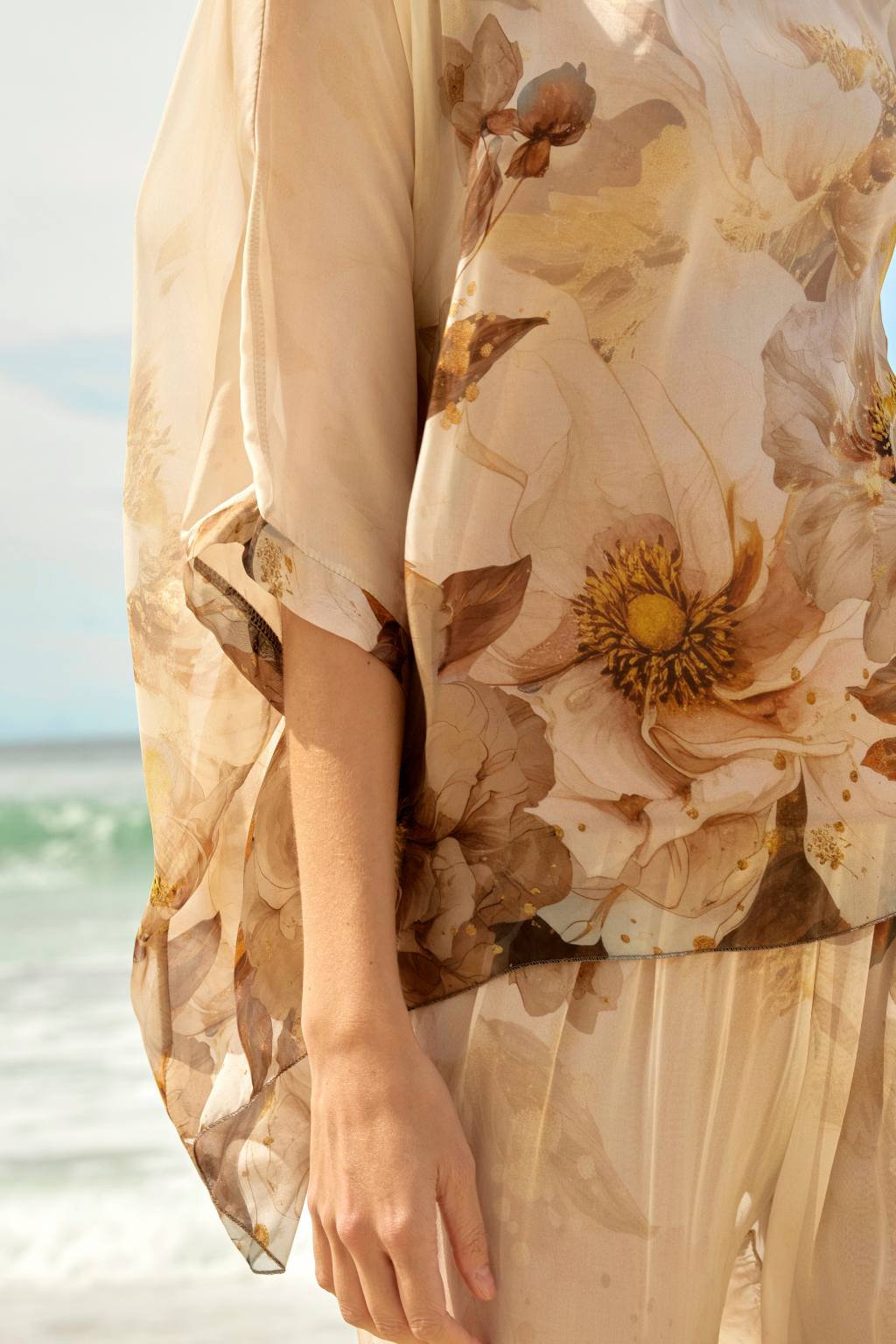 Cream and Taupe Savanna Silk Poncho