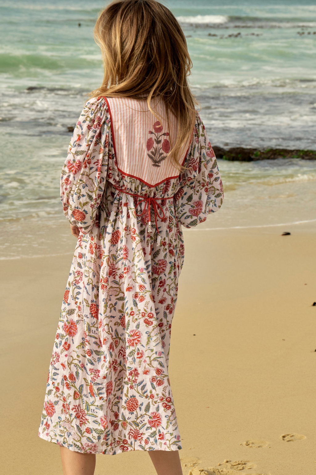Coral Stripe and Floral Print Cotton Boho Dress