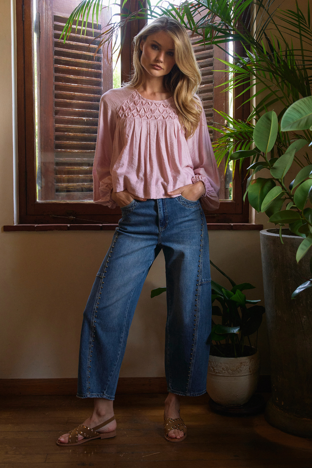 Blue Studded Barrel Jean