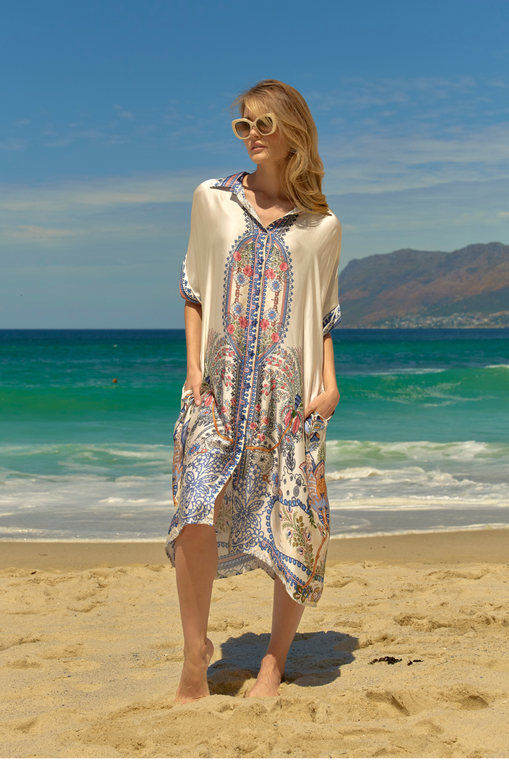 Cream and Blue Print Amarah Viscose/Silk Dress