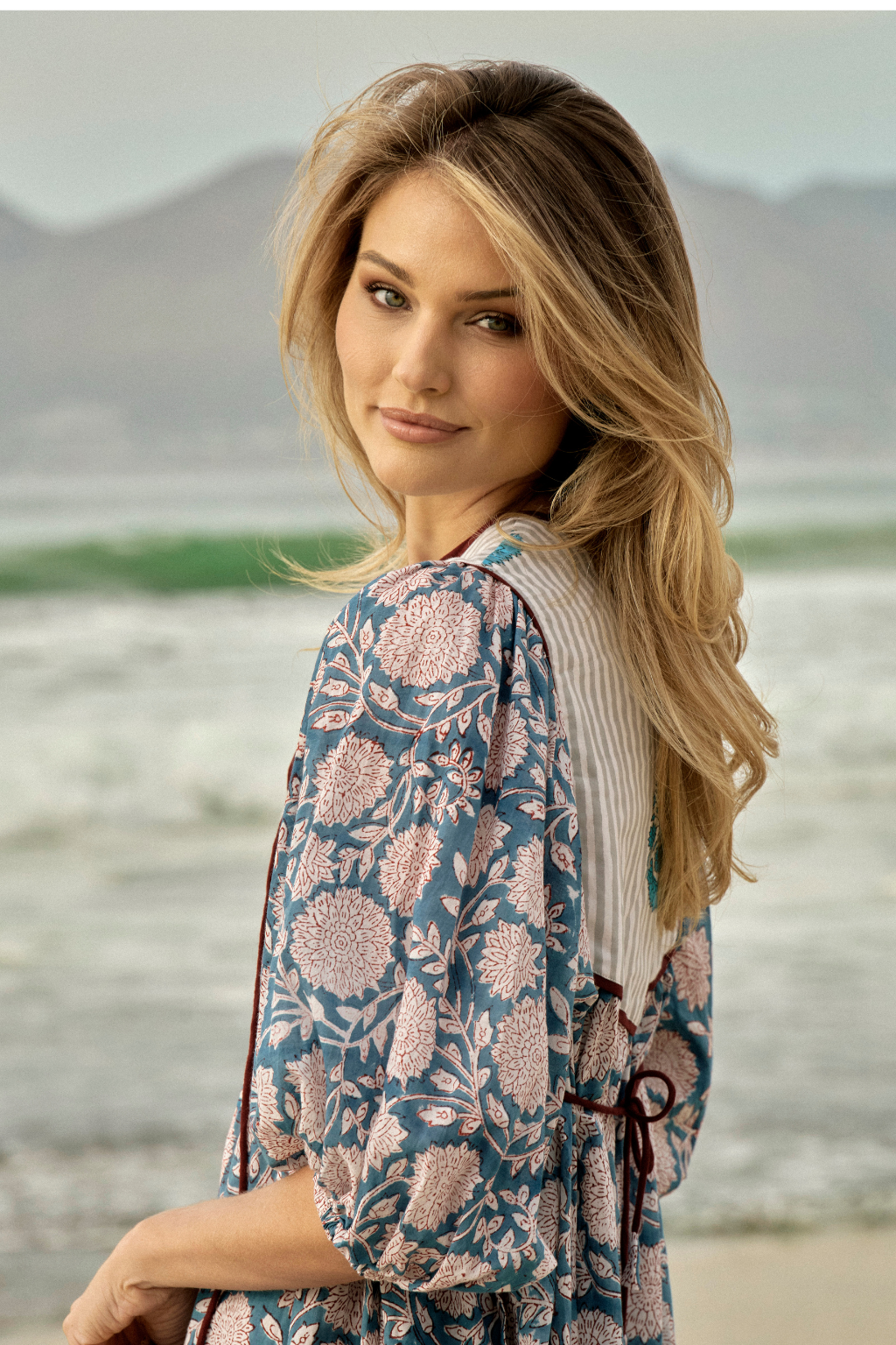 Grey Stripe and Blue Floral Print Cotton Boho Dress
