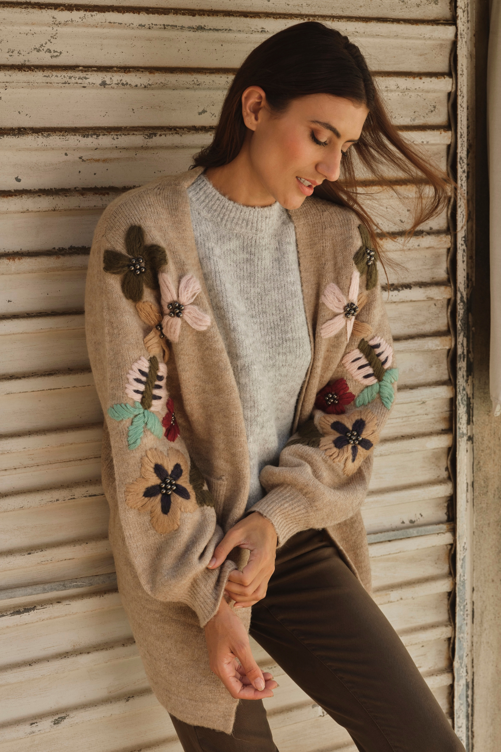 Beige Floral Sleeve Cardigan