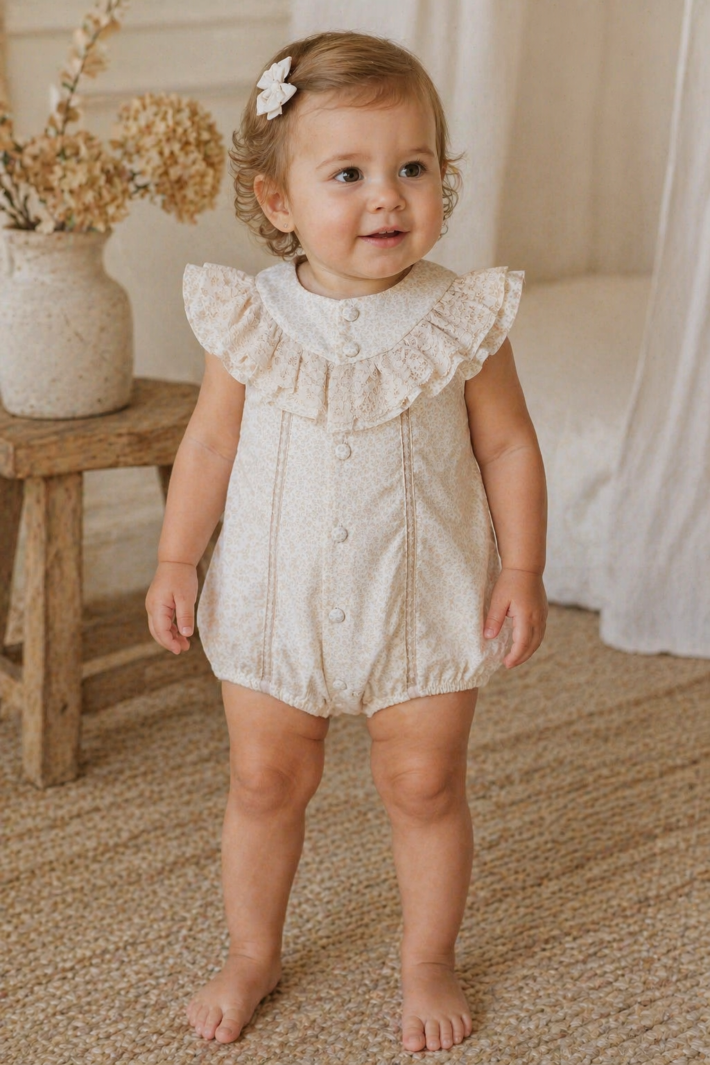 Baby in a lace romper standing in a softly lit room with a wooden stool and decorative flowers.