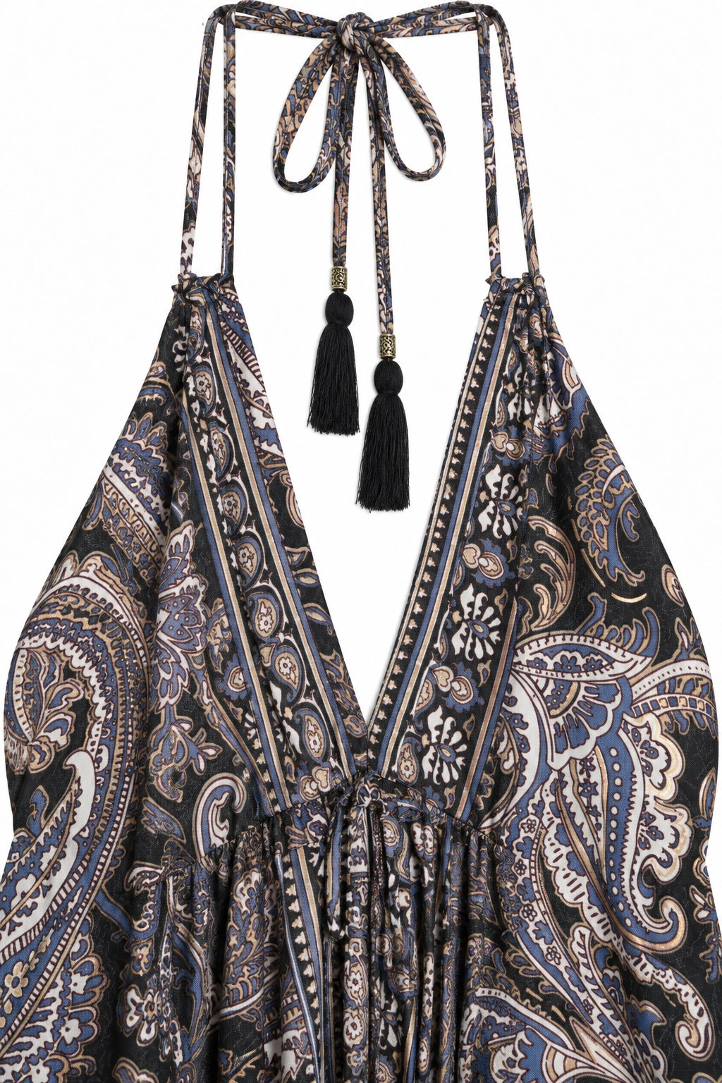 Black, Grey and Gold Paisley Halter Dress