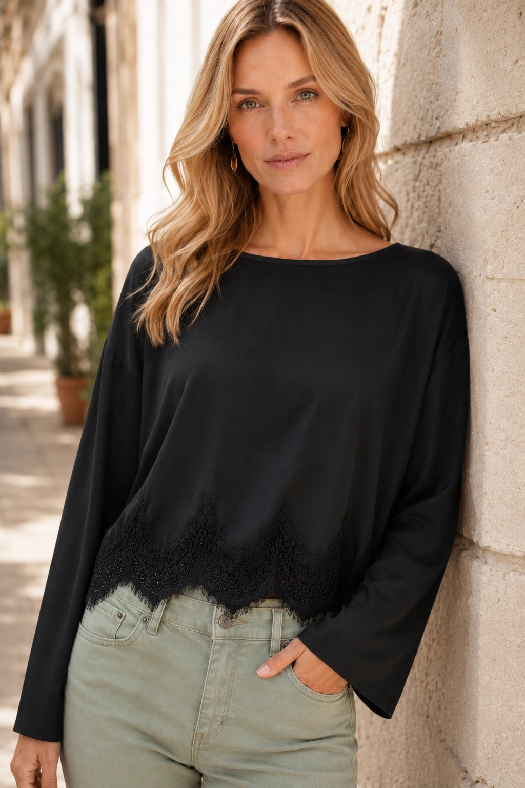 Black Lace Hem Top