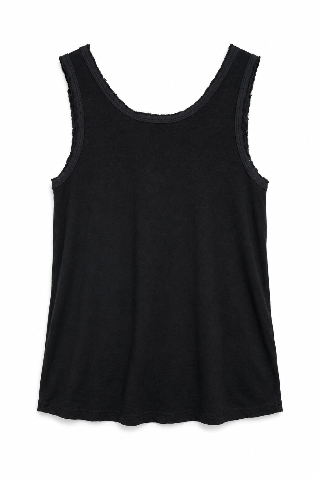 A black sleeveless tank top with a wide scoop neckline and frayed, raw-edge trim along the collar and armholes, shown against a plain white background.