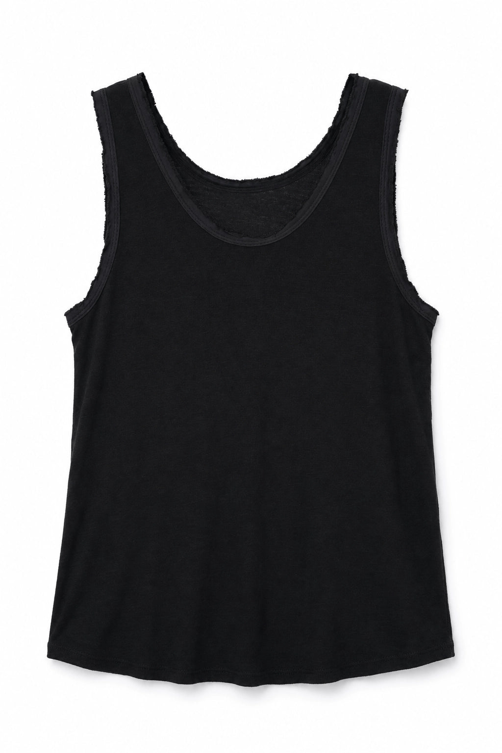 A black sleeveless tank top with a wide scoop neckline, shown flat against a plain white background.