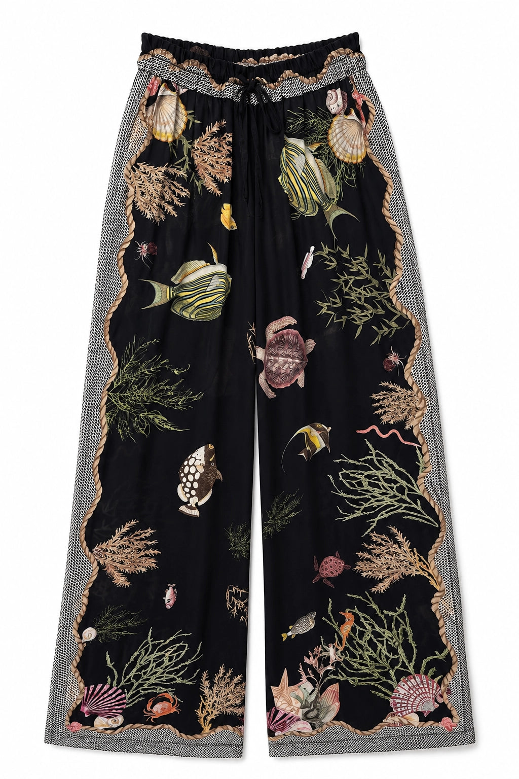Black wide-leg pants featuring an all-over embroidered underwater theme with fish, sea plants, and shells, framed by a gray and gold patterned border and an elastic drawstring waist.