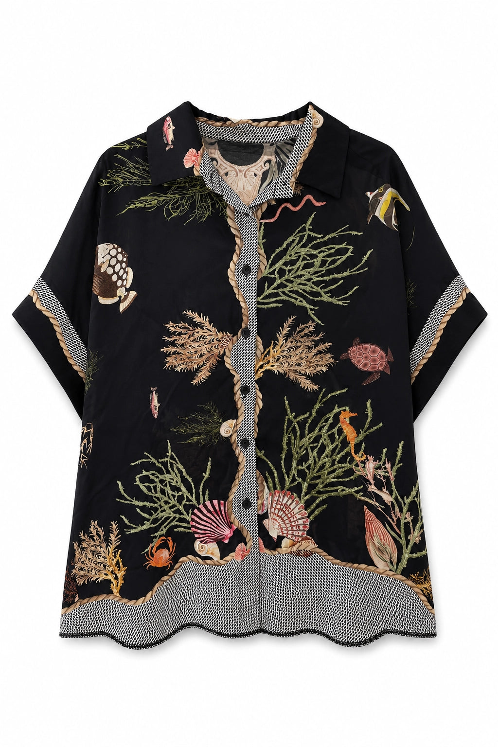 A short-sleeve button-up shirt with a black base and an intricate underwater-themed print featuring seashells, coral, fish, and sea plants. The shirt has a textured gray and white patterned collar, cuffs, and hem, and is displayed flat against a white background.