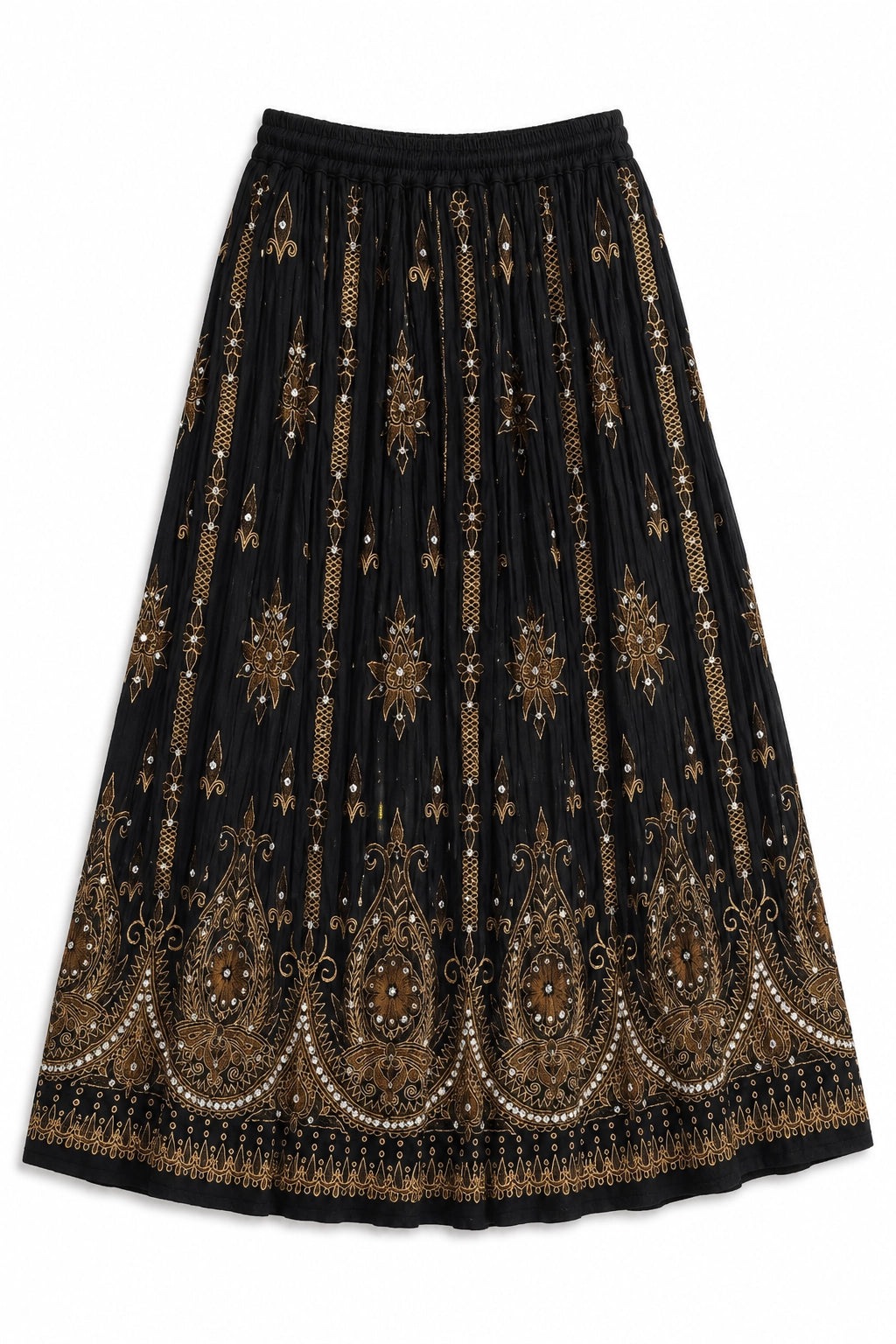 A black pleated midi skirt with intricate gold and beige paisley and floral embroidery, featuring a wide elastic waistband.