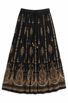 A black pleated midi skirt with intricate gold and brown bohemian paisley and floral embroidery, featuring a drawstring waistband.