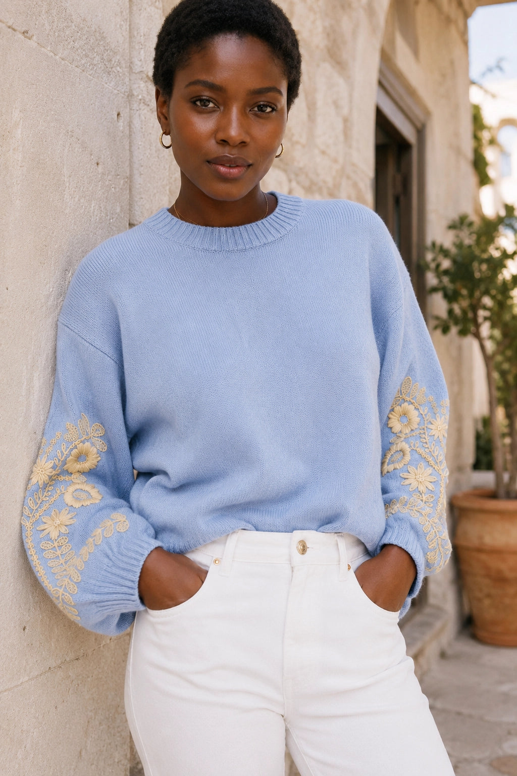 Blue Detailed Sleeve Jumper