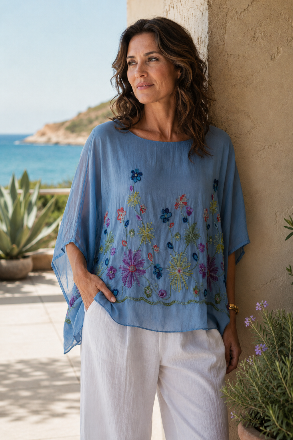 Blue Embroidered Silk Poncho