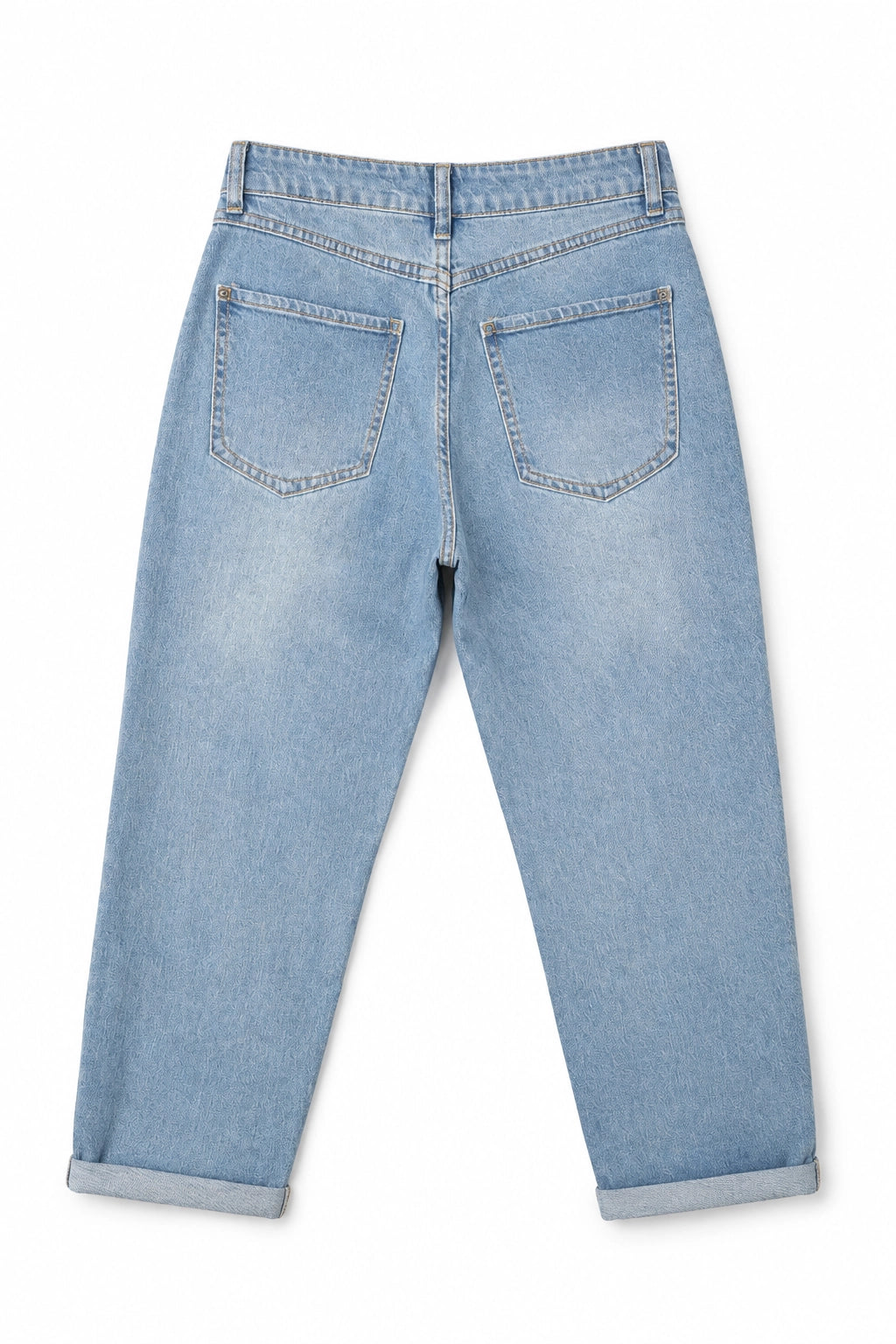 Light blue denim jeans shown from the back, featuring a straight-to-slightly-relaxed leg with rolled cuffs and classic pocket stitching, photographed on a clean white background.