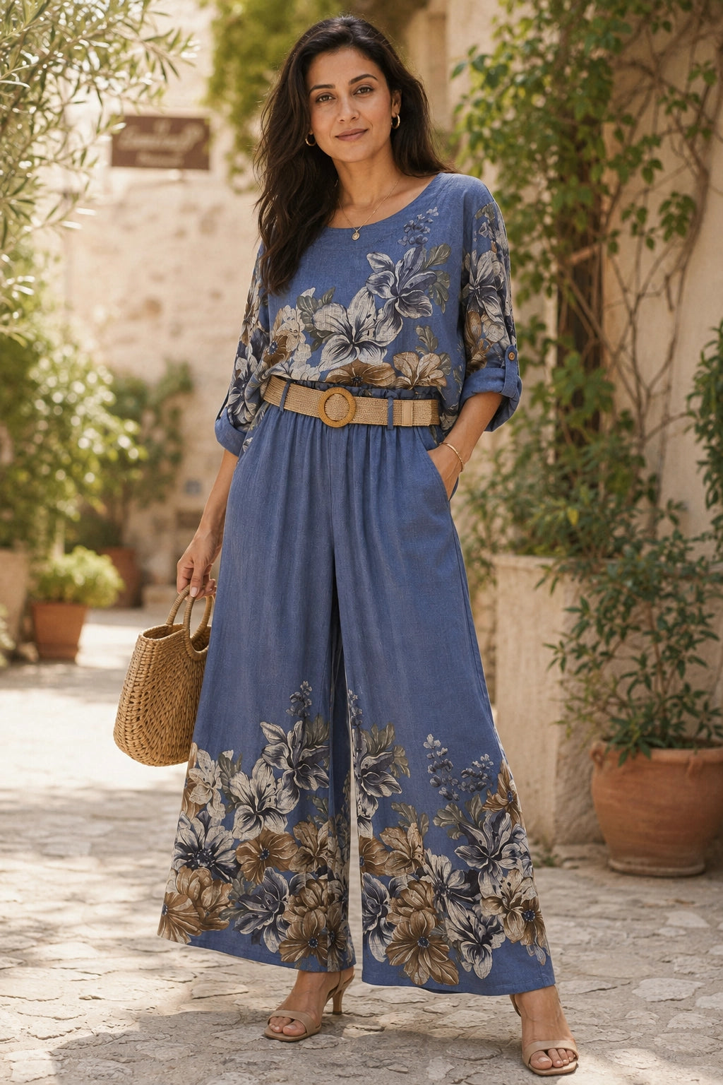 A woman stands outdoors in a sunlit courtyard wearing a blue floral wide-leg jumpsuit with a tan belt, holding a woven straw bag. The jumpsuit has a blue base with large beige and muted green floral print, and the setting includes stone walls and potted plants.