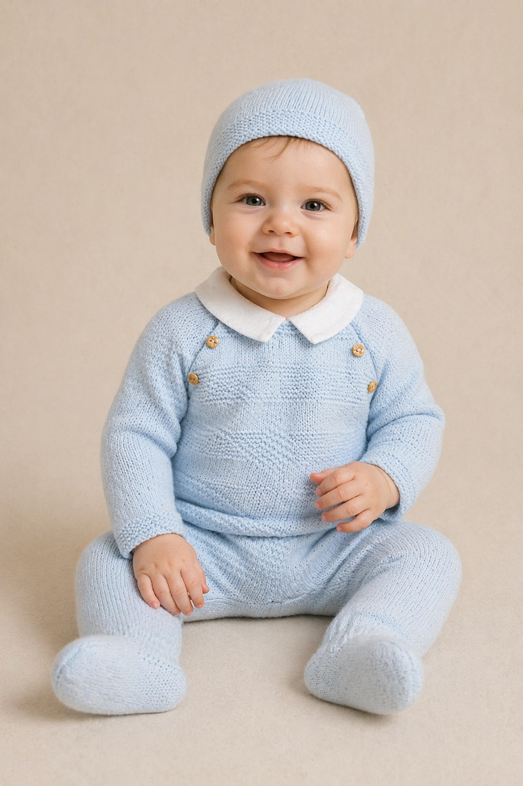 Baby wearing a blue knitted outfit with a matching hat on a beige background