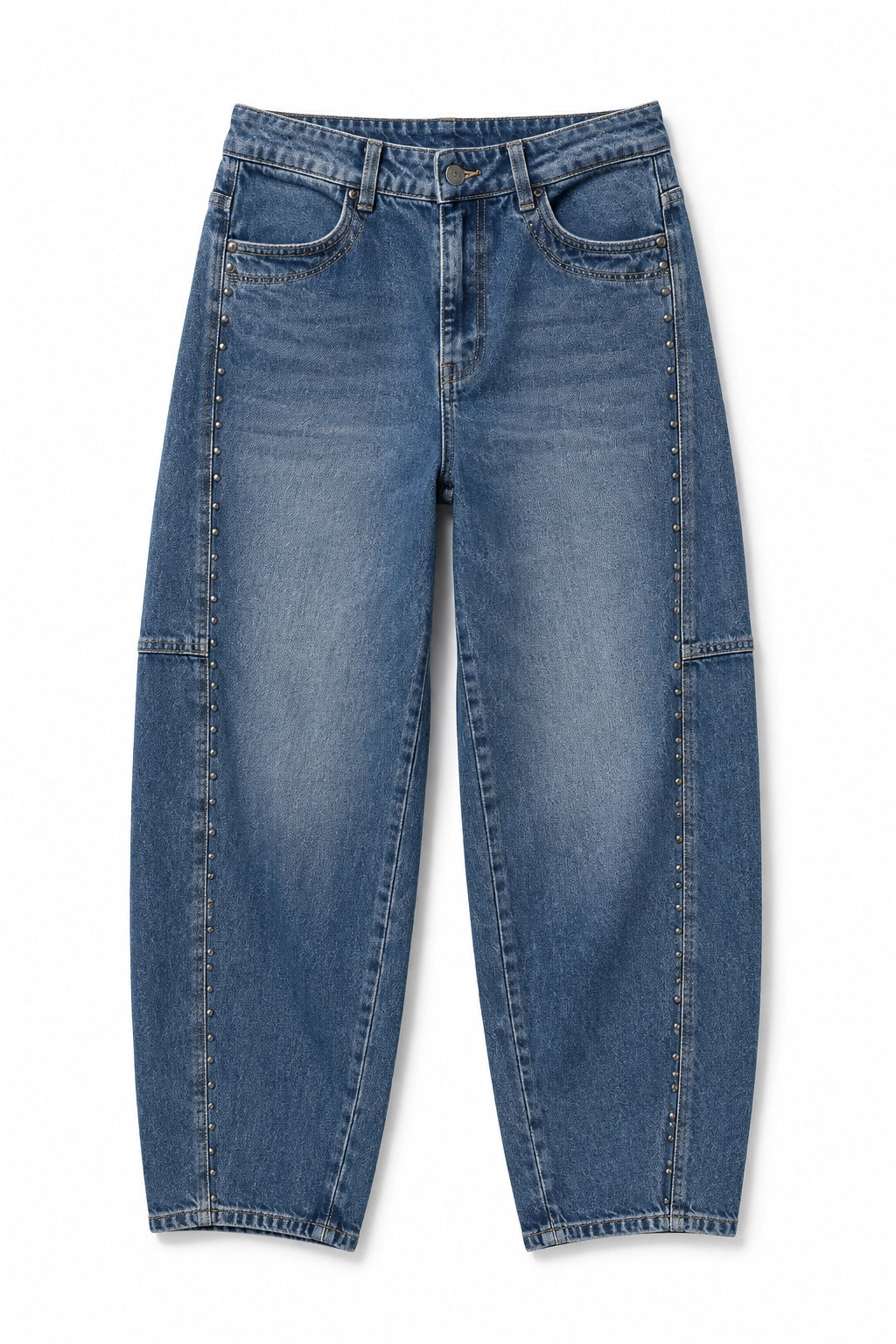 A pair of medium-wash blue denim pants with distinctive vertical contrast stitching running down the front of each leg, photographed flat on a white background.