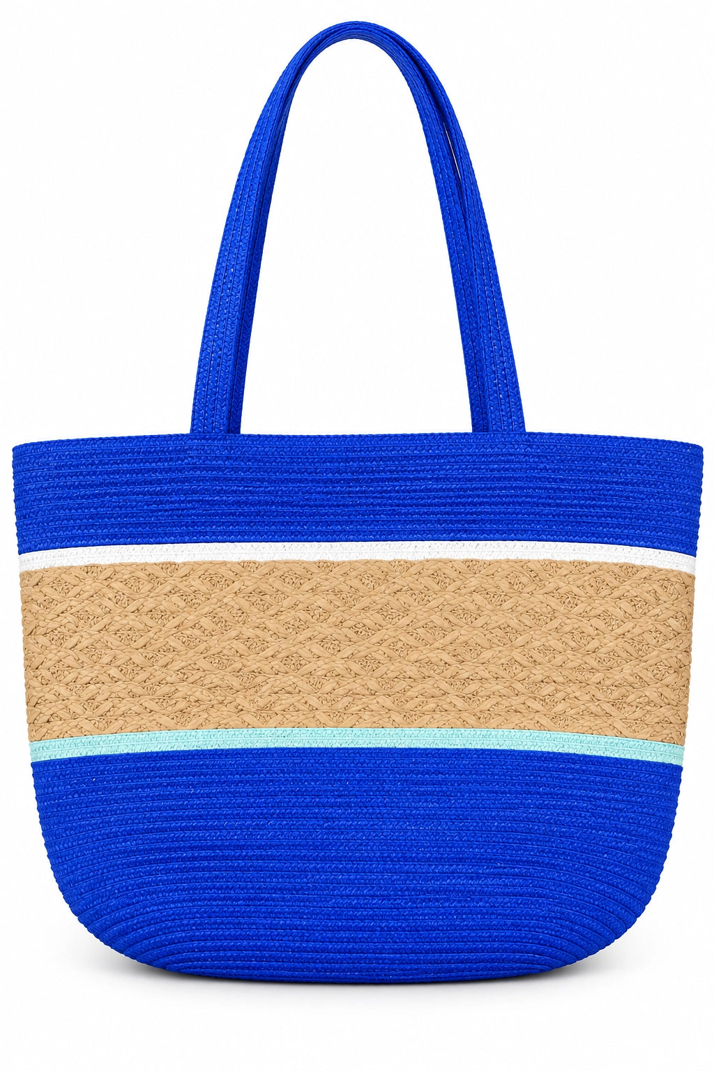 A woven straw tote bag with a vibrant royal blue base and top handles, featuring a wide natural beige woven band across the middle and thin light blue accent stripes.