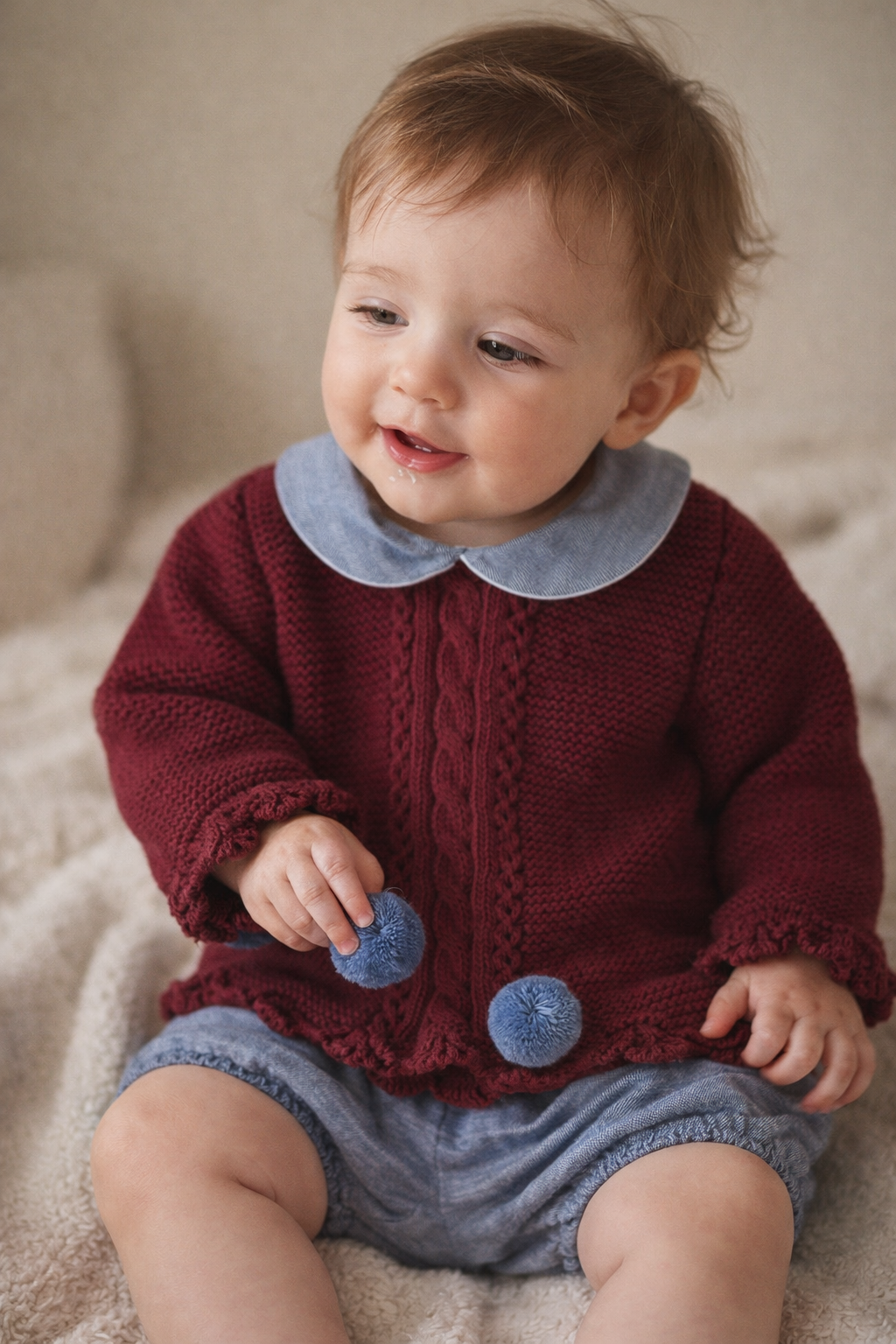 Baby wearing a maroon sweater with a blue collar and buttons, sitting on a soft surface.