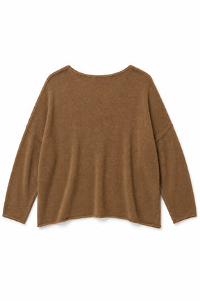 A brown knit long-sleeve top with a wide boat neckline, laid flat against a white background.