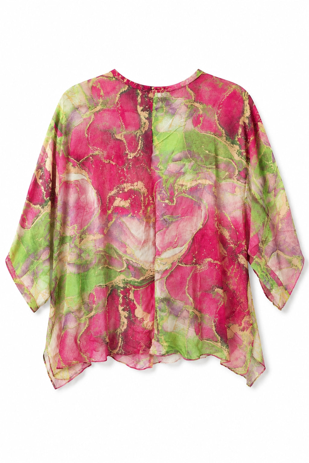A lightweight, semi-sheer kaftan-style top with a vibrant pink and lime green marble print and subtle gold veining, displayed against a plain white background.