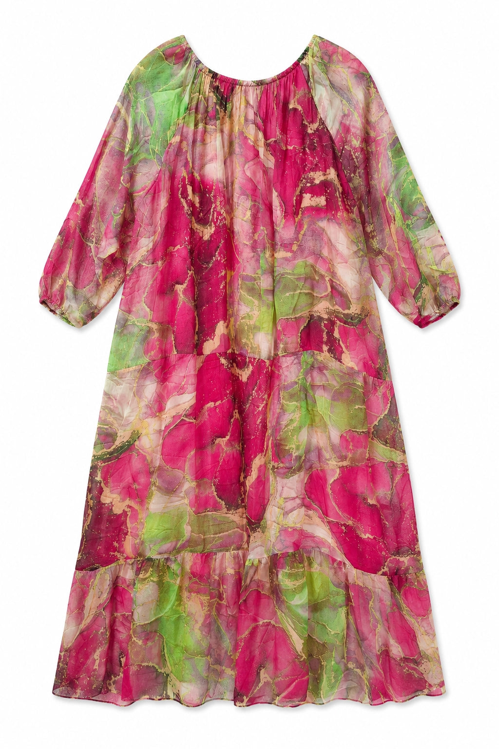 A three-quarter sleeve midi dress with a tiered ruffled hem, featuring a vibrant pink and green abstract floral print on a white base, shown flat against a white background.