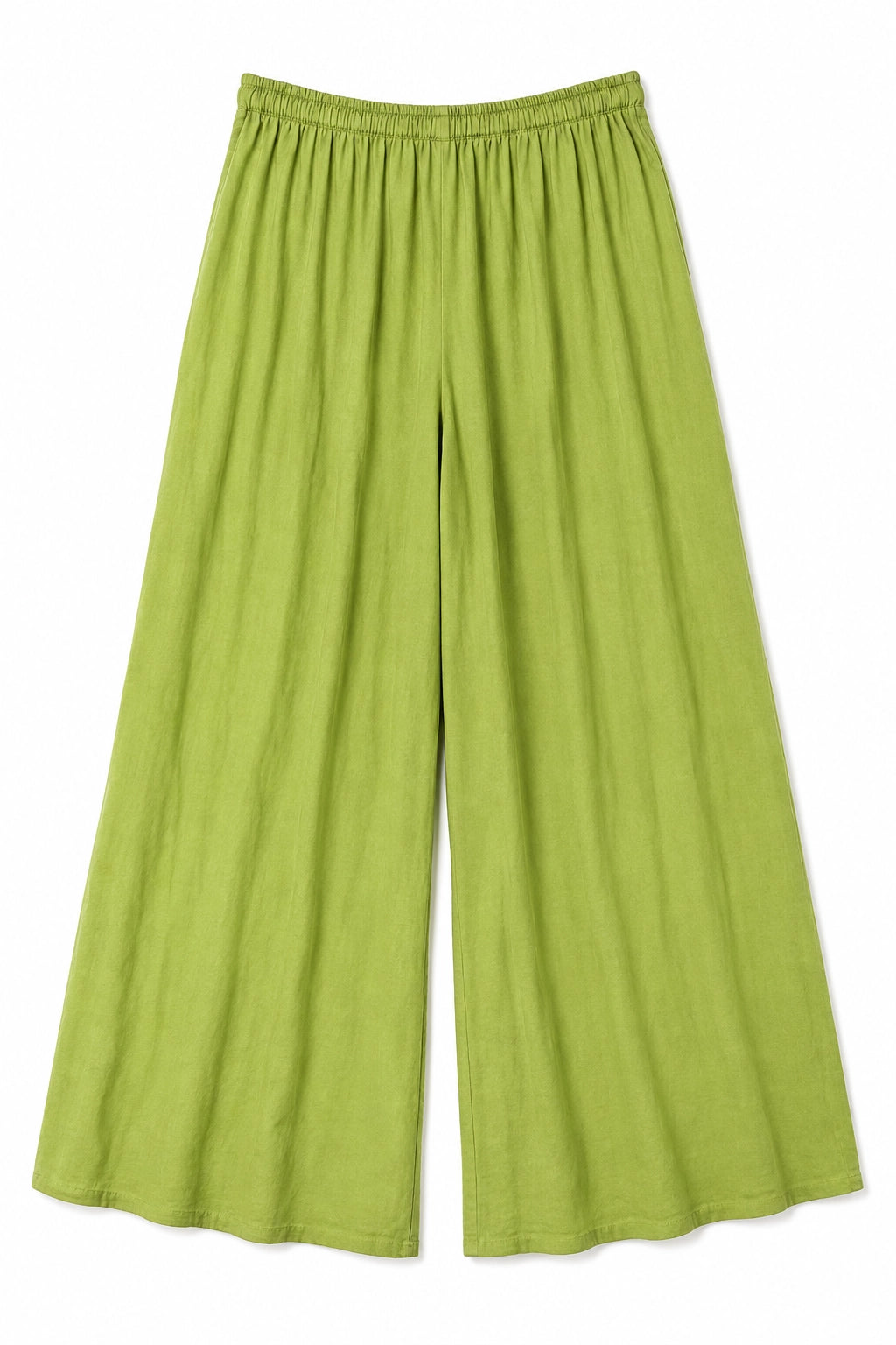 A pair of wide-leg cropped pants in a textured lime green fabric, featuring an elastic waistband, shown flat against a plain white background.